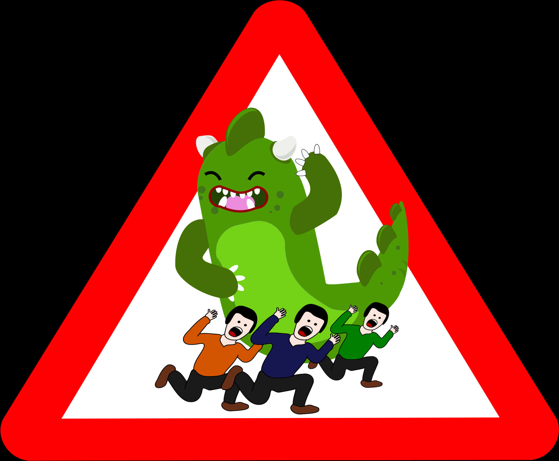 Cartoon Godzilla Chasing People Sign PNG