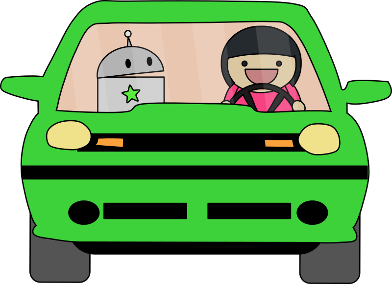 Cartoon Green Carwith Driverand Robot Passenger PNG