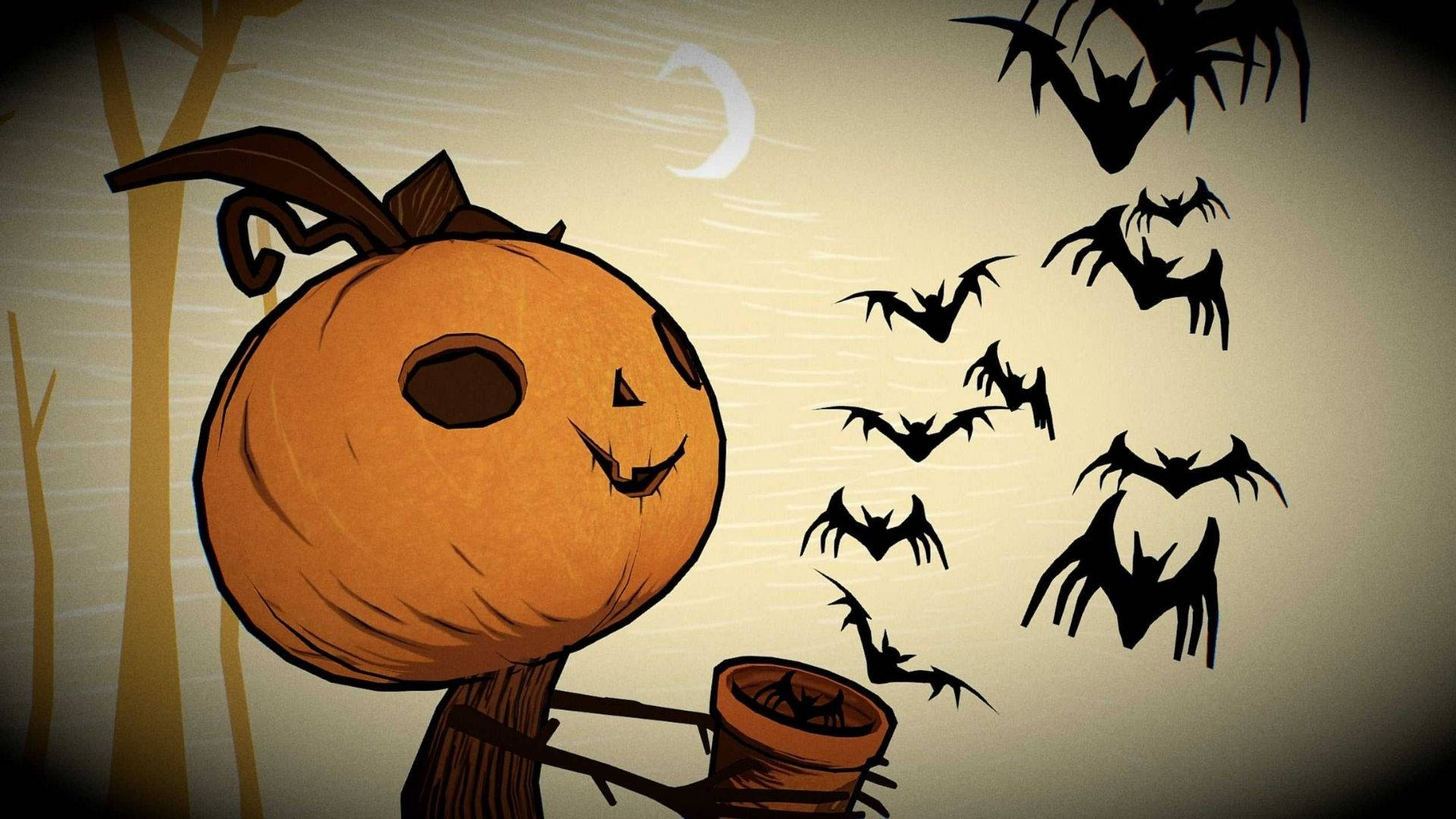 Cartoon Halloween Pumpkin Setting Free Bats Wallpaper
