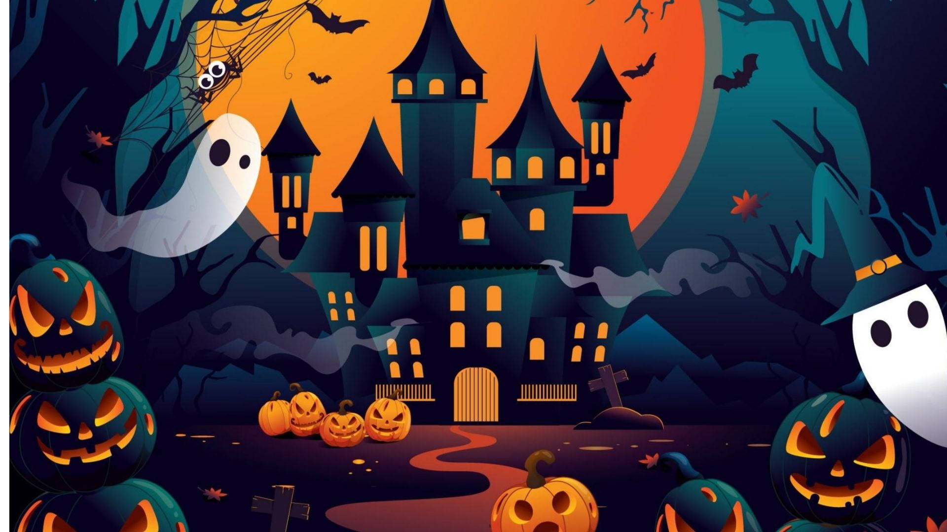 Cartoon Halloween Scattered Pumpkins Wallpaper
