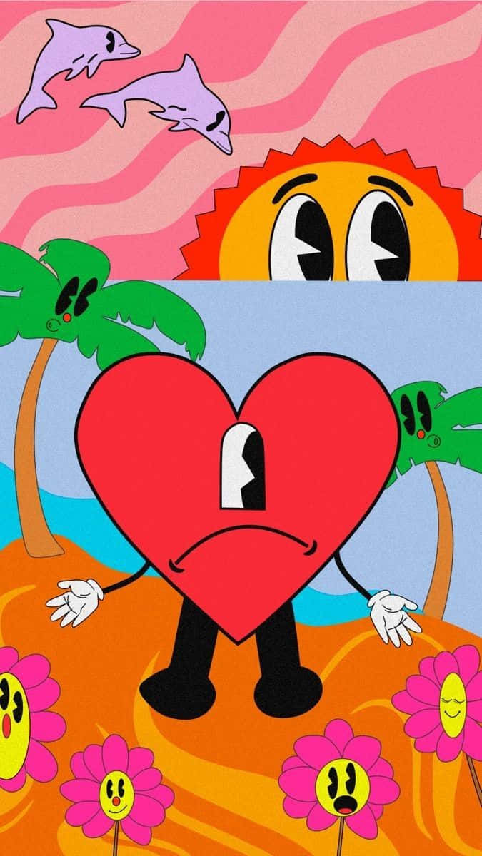 Cartoon Heart Character Beach Scene Wallpaper