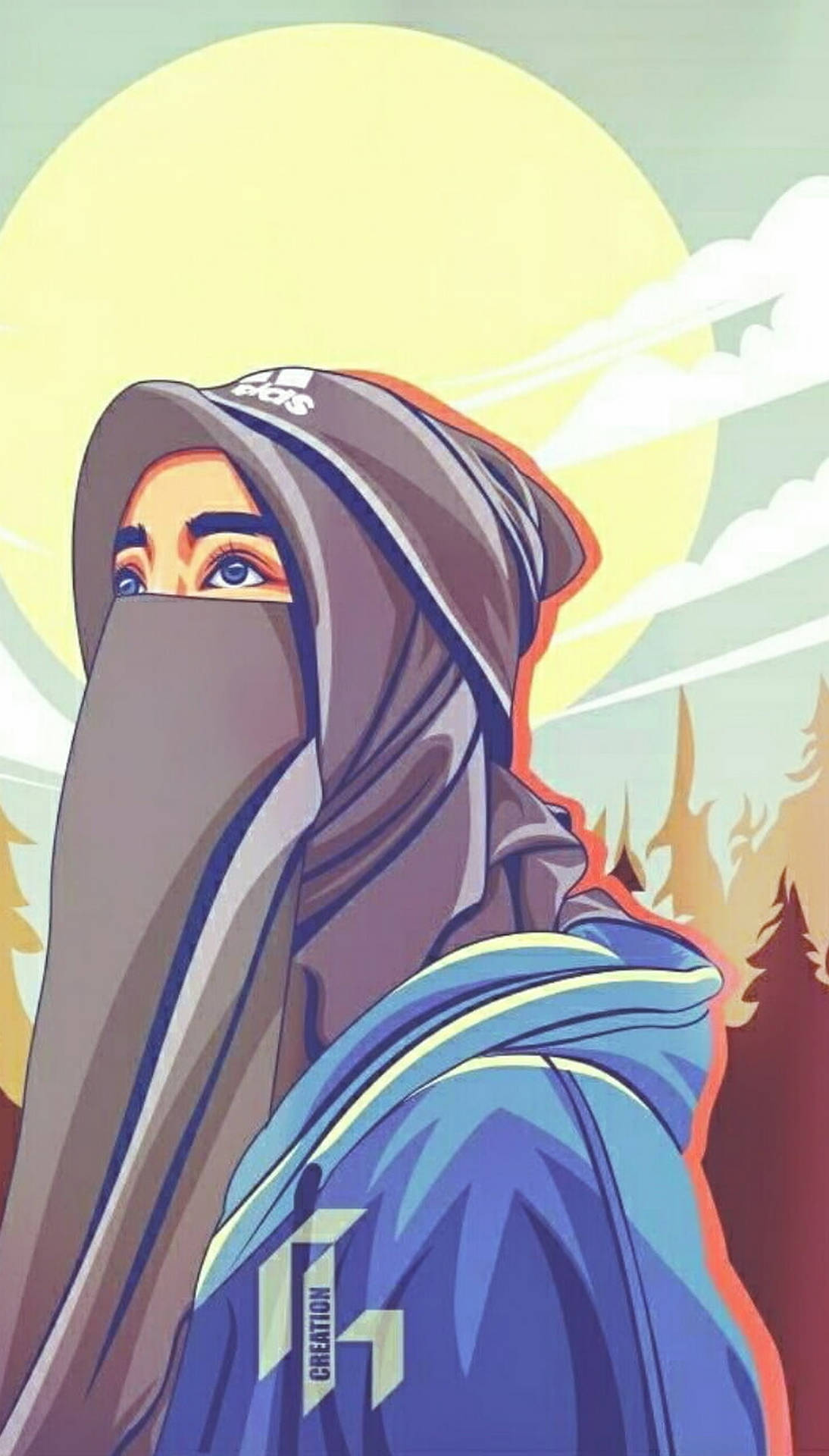 Chicade Dibujos Animados Con Hijab Y Sol. Fondo de pantalla