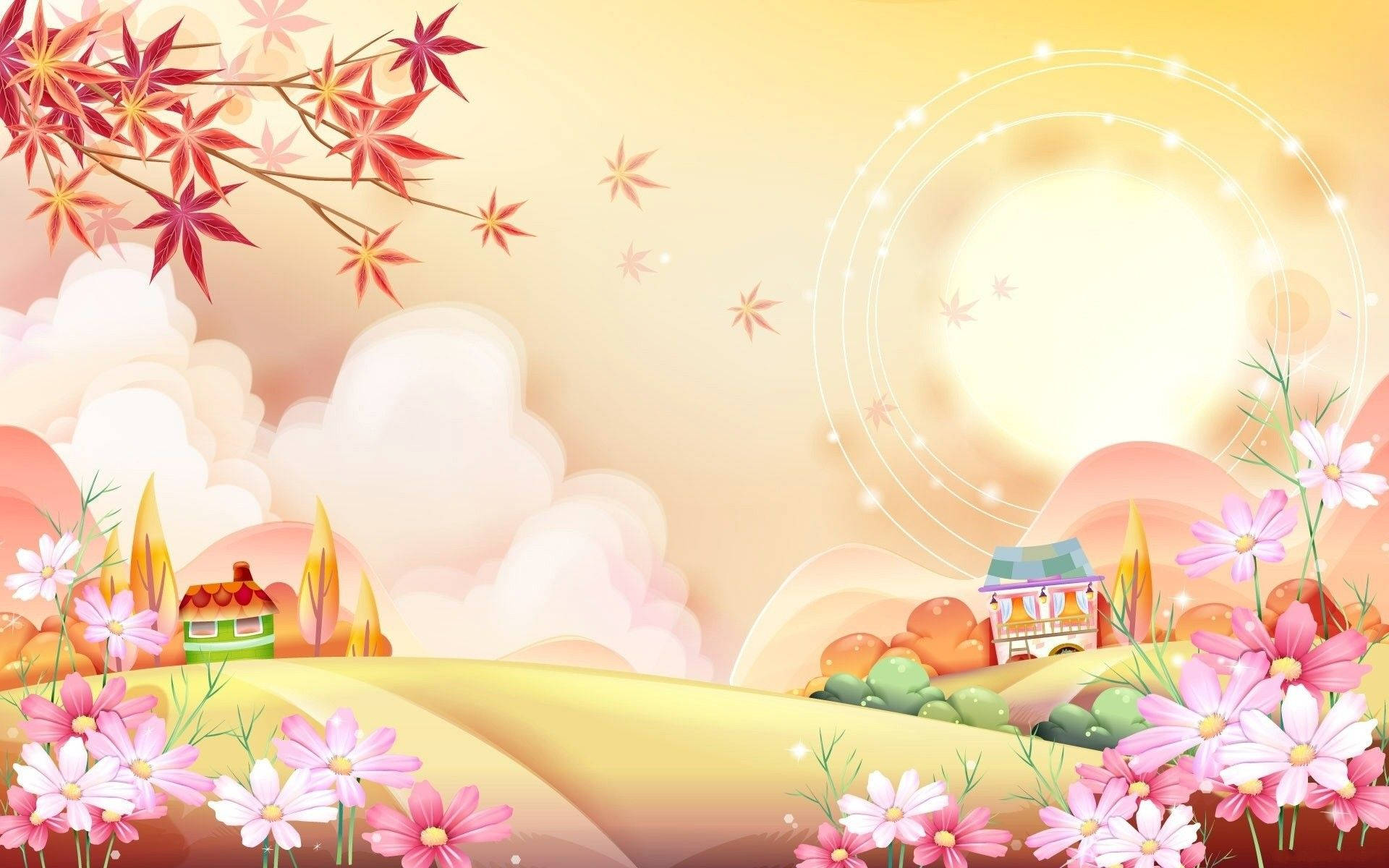 Cartoon houses on hills with flowers wallpaper.