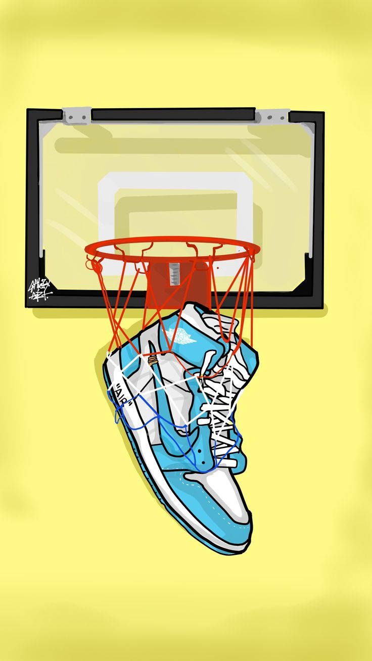 Cartoon Jordan Shoes On A Basketball Hoop
