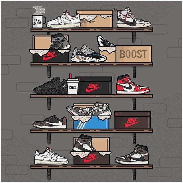 Cartoon Jordan Shoes On A Shoe Rack Wallpaper