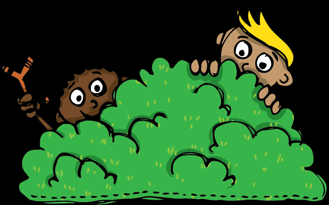 Cartoon Kids Hiding Behind Bush PNG