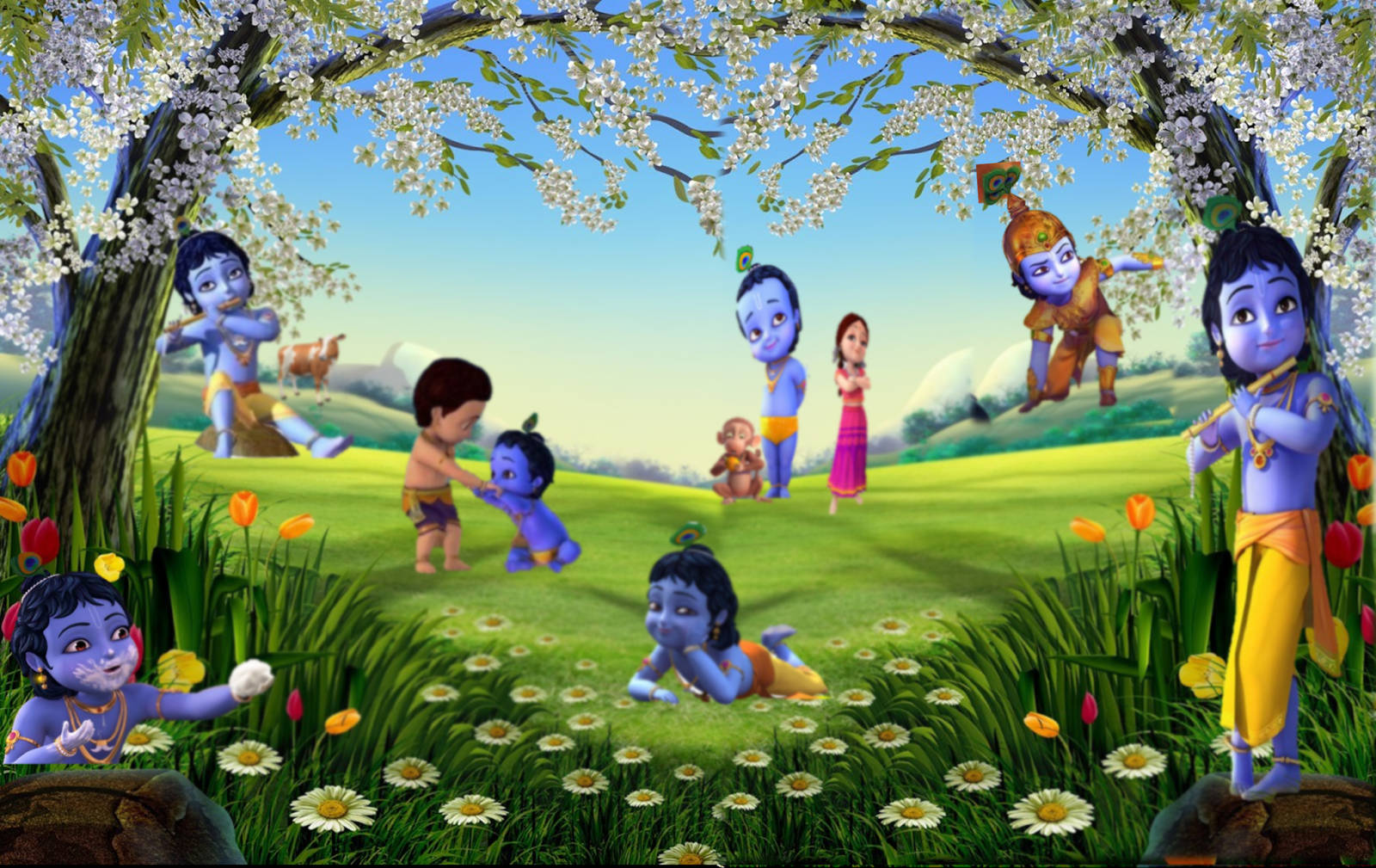 Cartoon Krishna Garden Background Wallpaper