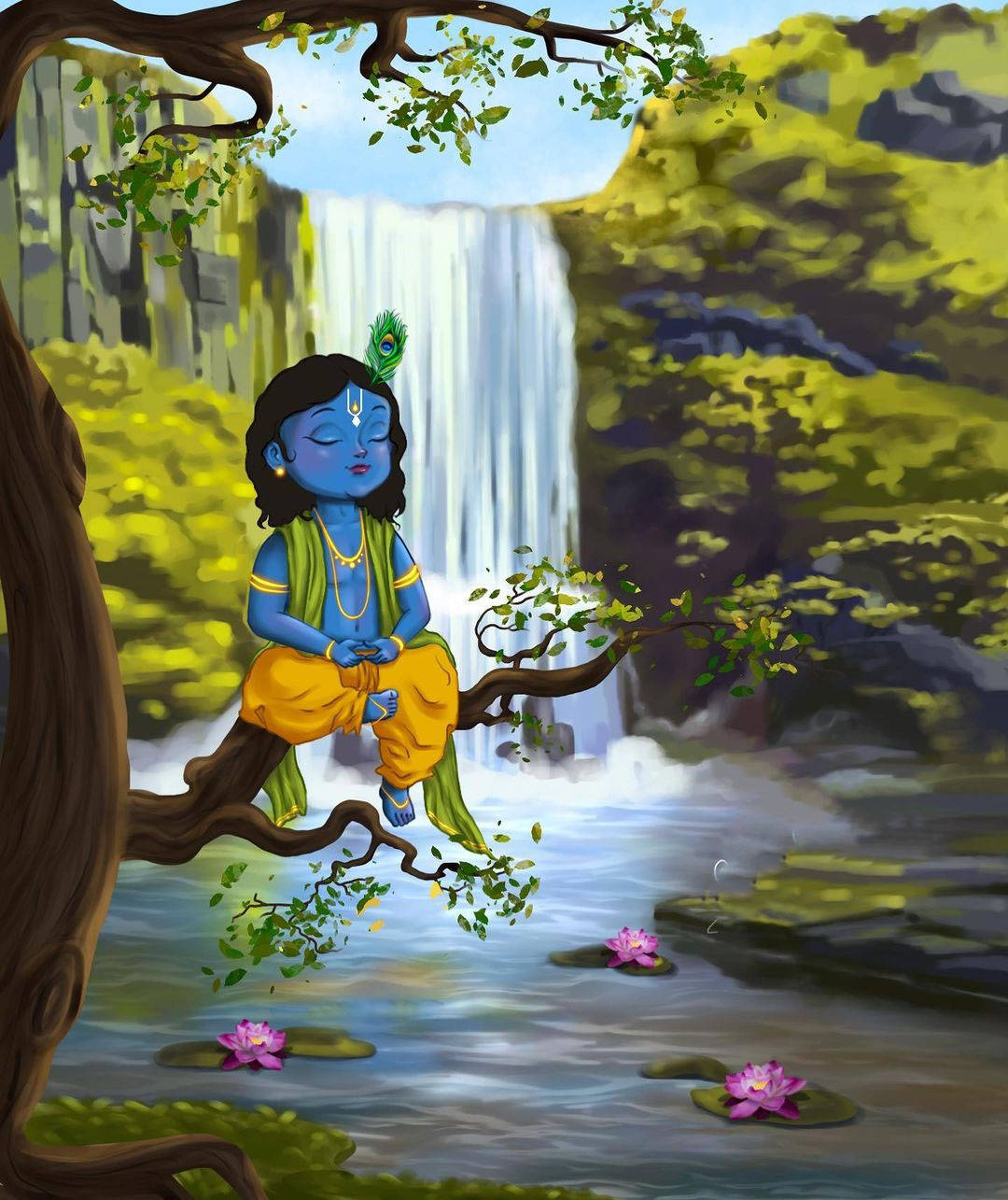 Download Cartoon Krishna Near Waterfall Wallpaper 