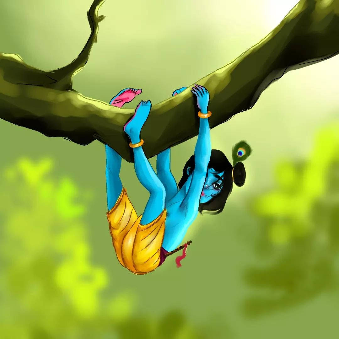 Cartoon Krishna On Tree Wallpaper