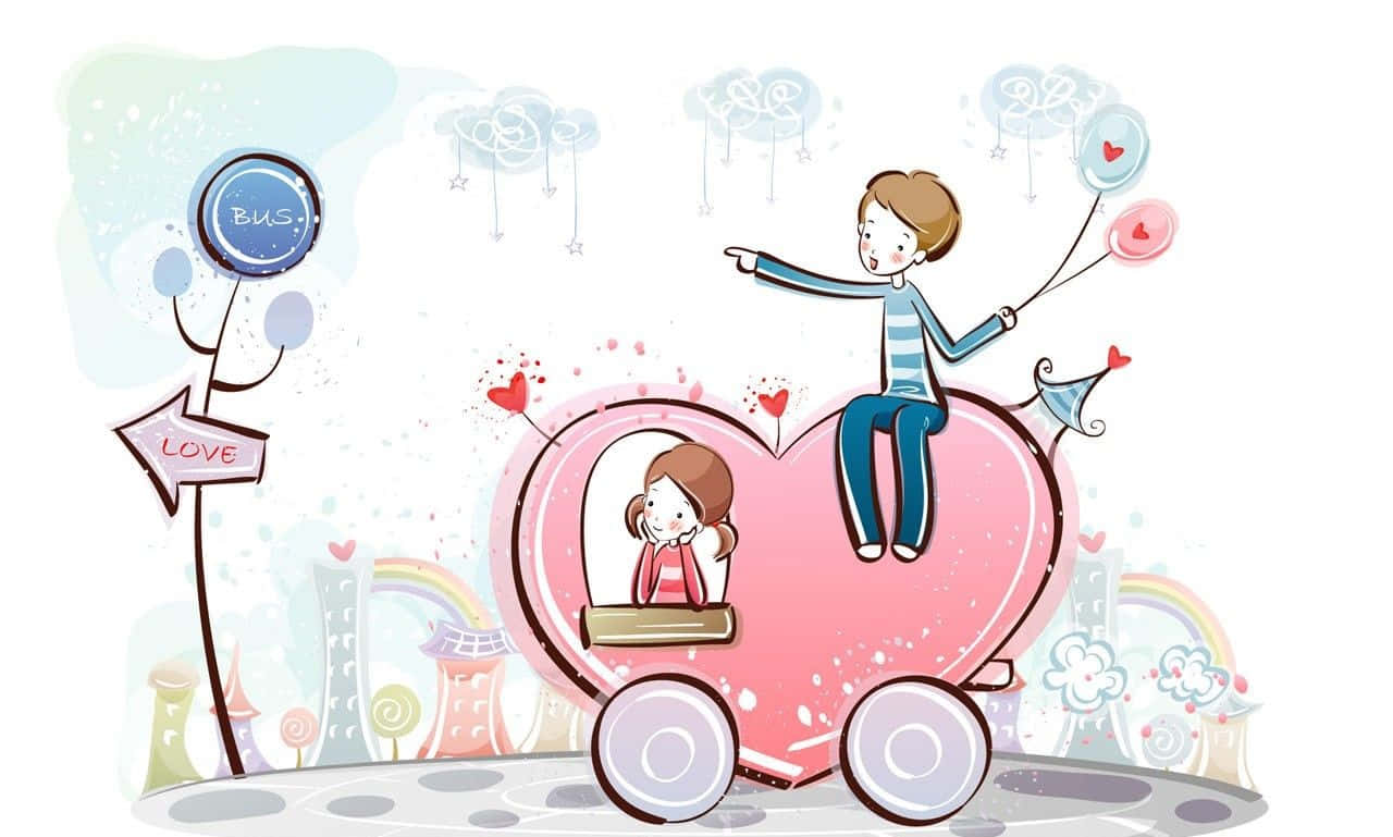 Cartoon Love Couple Car Drawing Art Picture