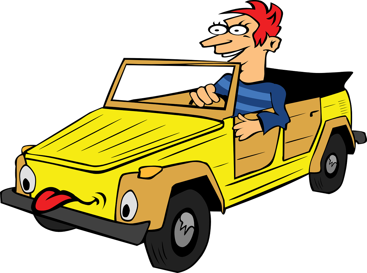 Cartoon Man Driving Yellow Car PNG