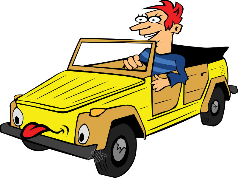 Cartoon Man Driving Yellow Car PNG