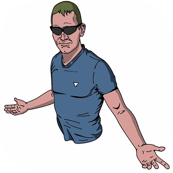 Cartoon Manin Sunglassesand Blue Shirt PNG