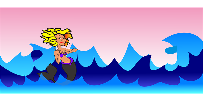 Cartoon Mermaid Surfing Waves PNG