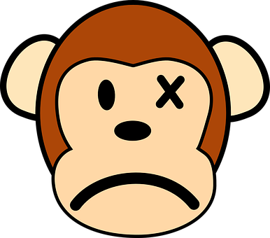 Cartoon Monkey Face Expression PNG — A cartoon monkey with brown hair and a sad face has an X for one eye and a downturned mouth against a black background.