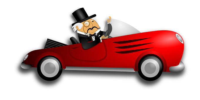 Cartoon Monopoly Man Driving Red Car PNG