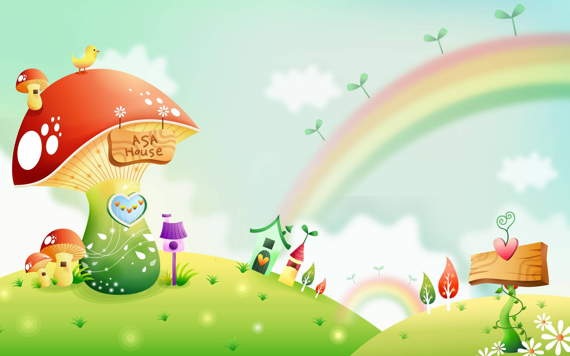 Cartoon mushrooms and rainbow wallpaper.