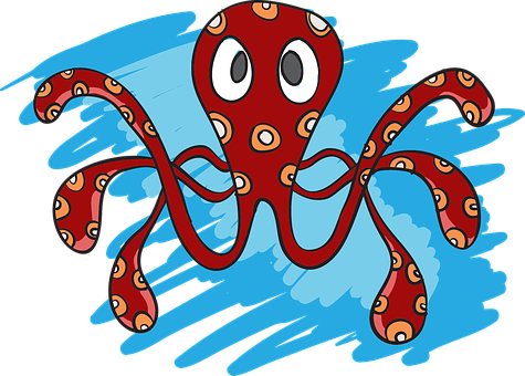 Cartoon Octopus Surfing Wave PNG
