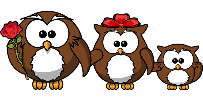 Cartoon Owl Family With Flowerand Bow PNG