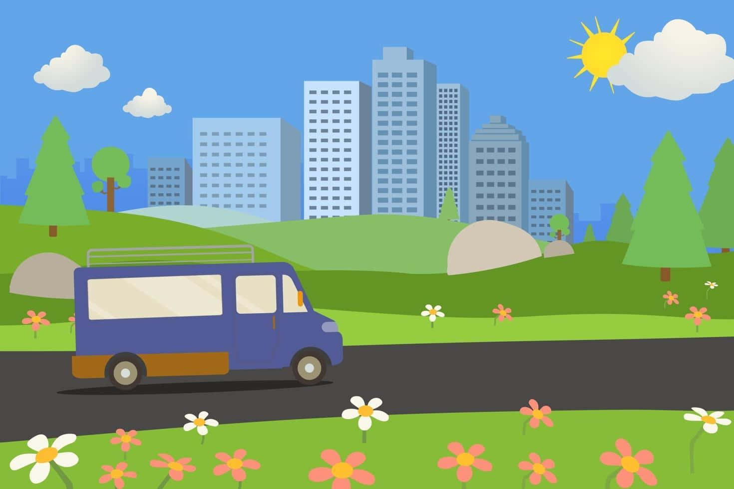 A Van Driving Down A Road With Flowers And Trees