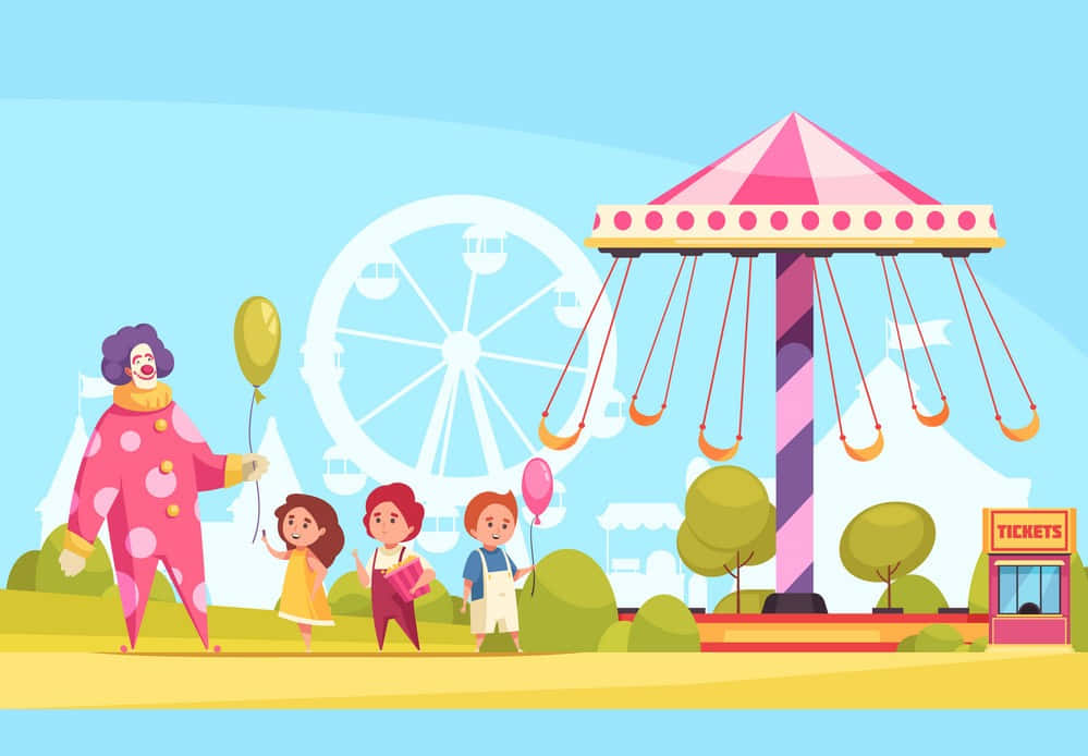 Children At The Amusement Park With A Clown