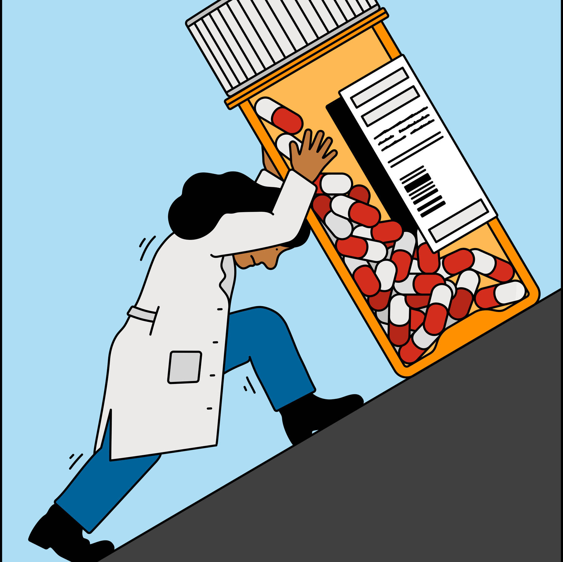 Farmacistacartone Animato Che Spinge Contenitore Di Prescrizione Sfondo