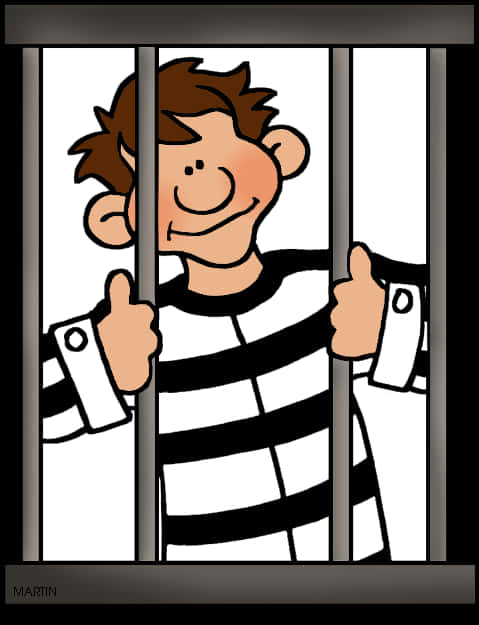 Cartoon Prisoner Thumbs Up Behind Bars PNG