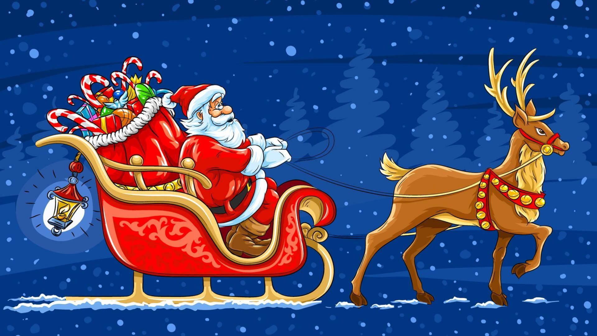 Cartoon Santa Claus And Reindeer Wallpaper