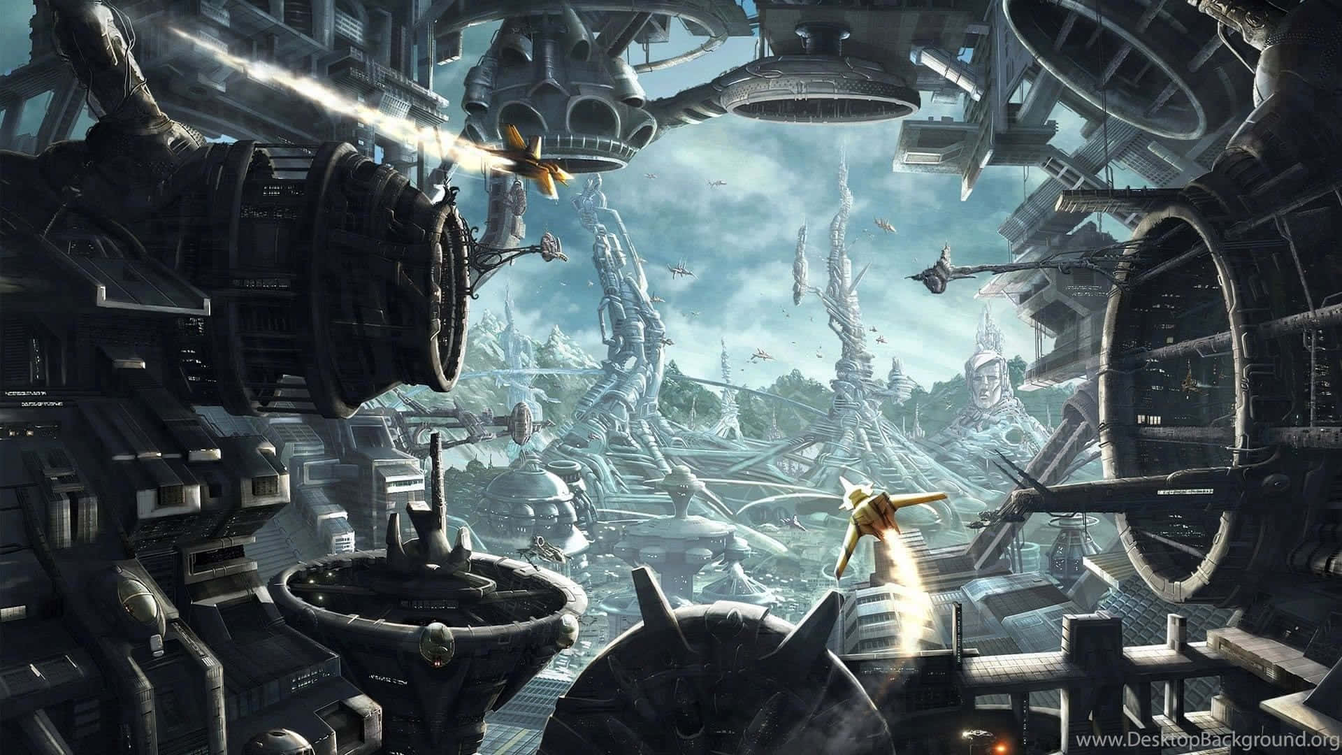 Futuristic Space City with Diverse Characters and Flying Cars Wallpaper