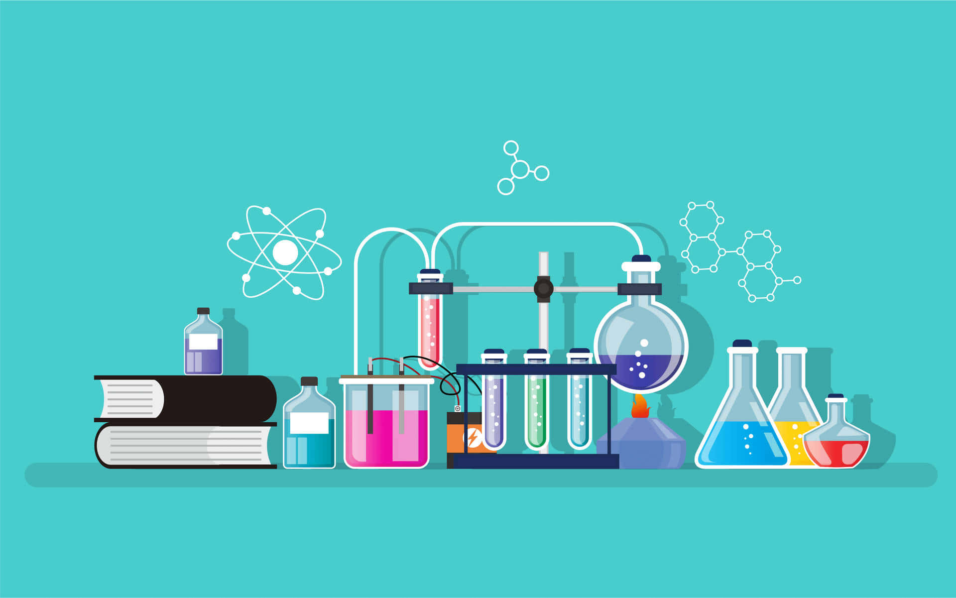 Enthusiastic Scientists Conducting Experiments in a Colorful Cartoon Science Laboratory Wallpaper