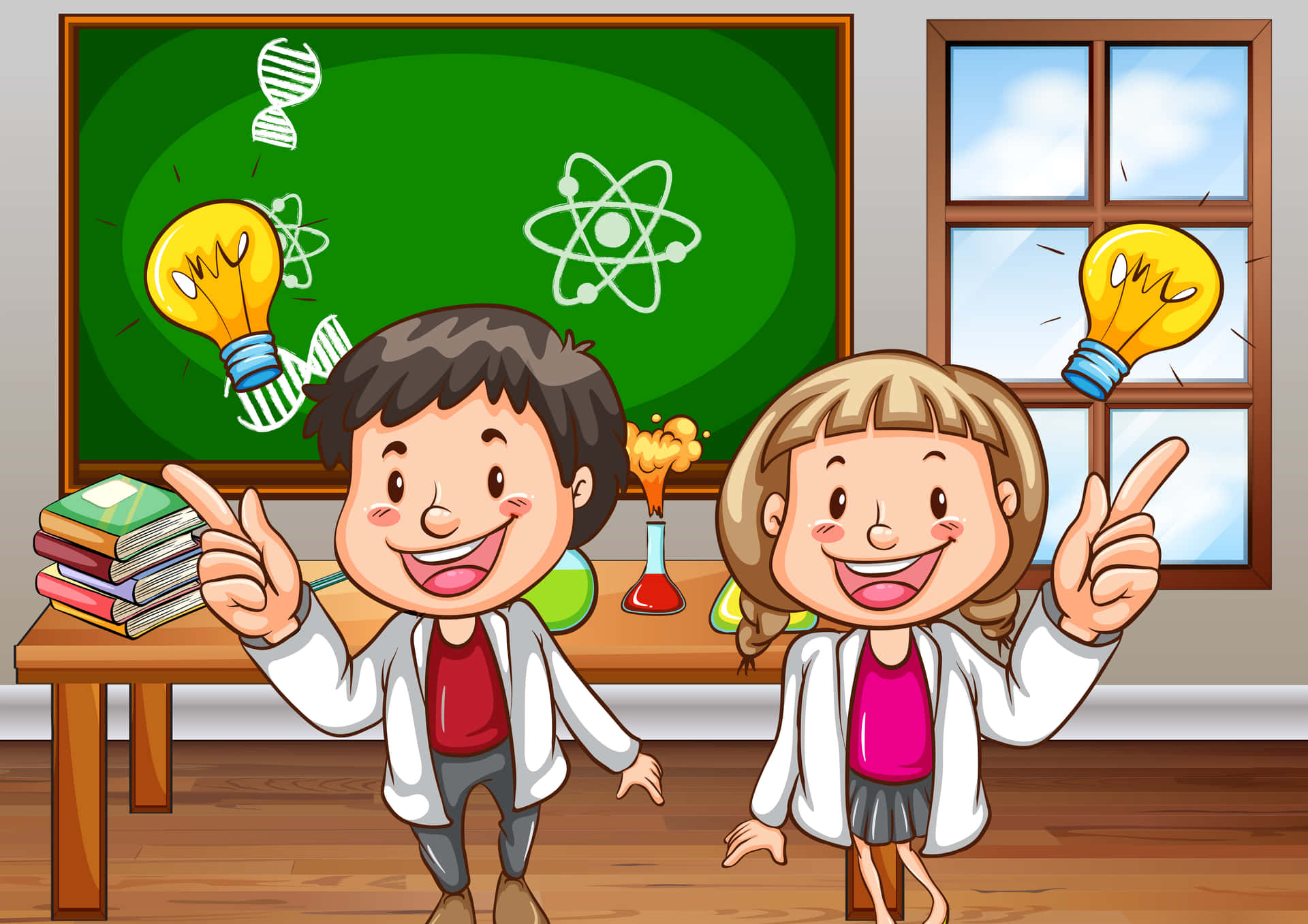 A creative and colorful illustration of cartoon characters conducting scientific experiments in a laboratory. Wallpaper