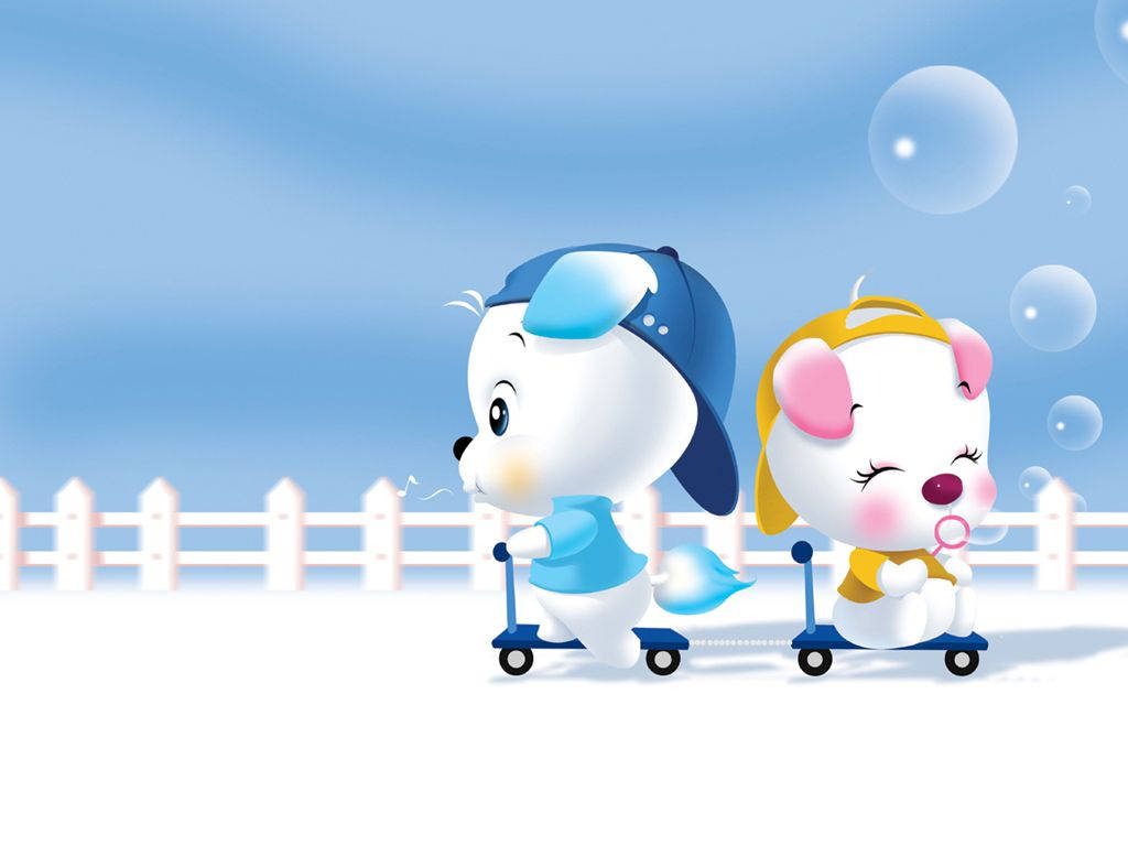 Cartoon scooter puppies along white fence wallpaper.