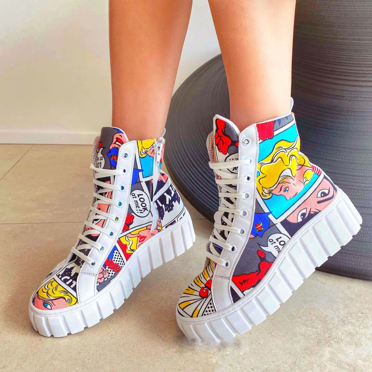 A Woman Wearing Colorful Sneakers With A Cartoon Design