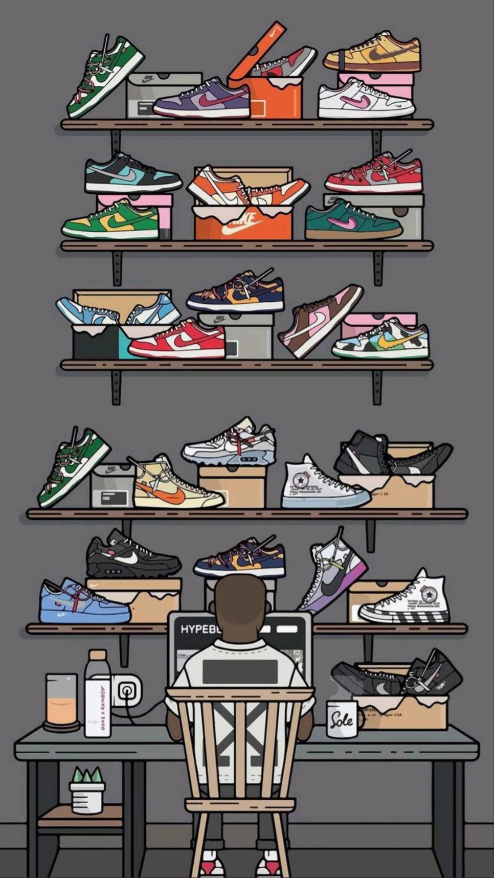 Cartoon Sneakers Shelf Collector Illustration Wallpaper