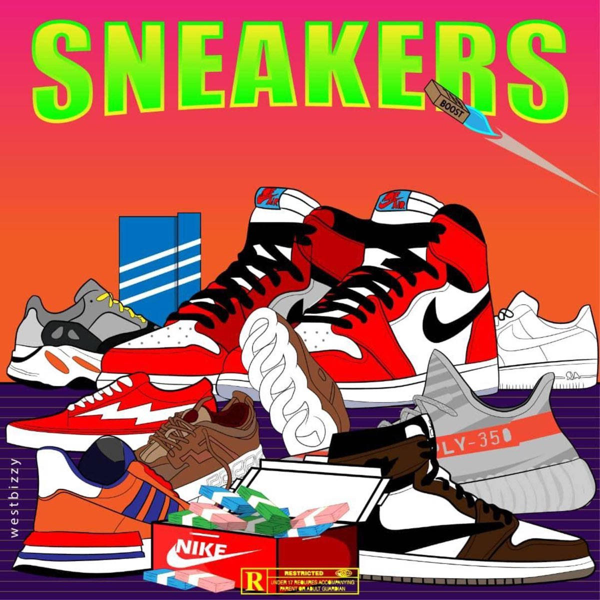 En plakat med sneakers og andet tøj Wallpaper