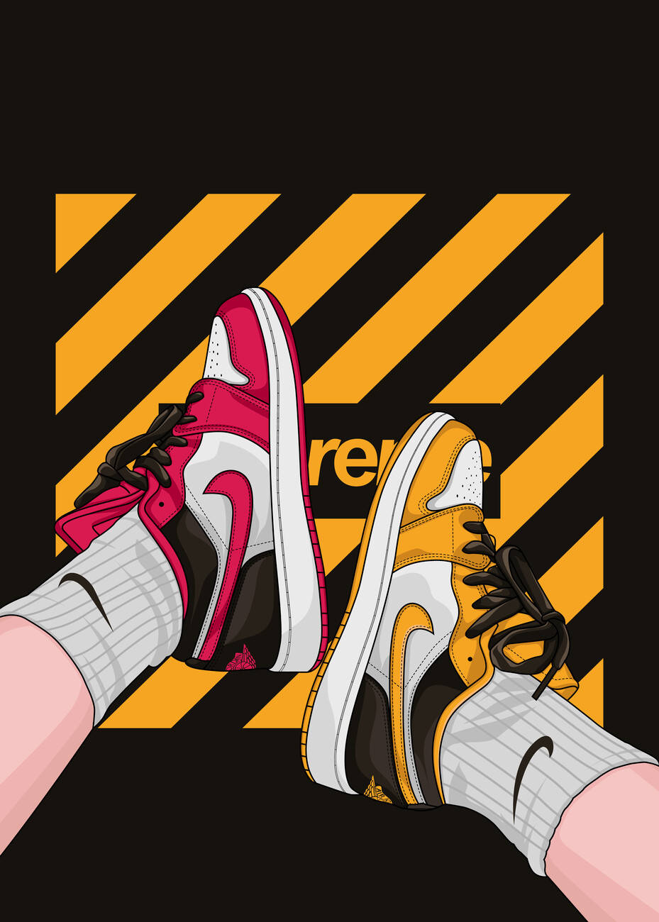 A Pair Of Sneakers With A Yellow And Black Background Wallpaper