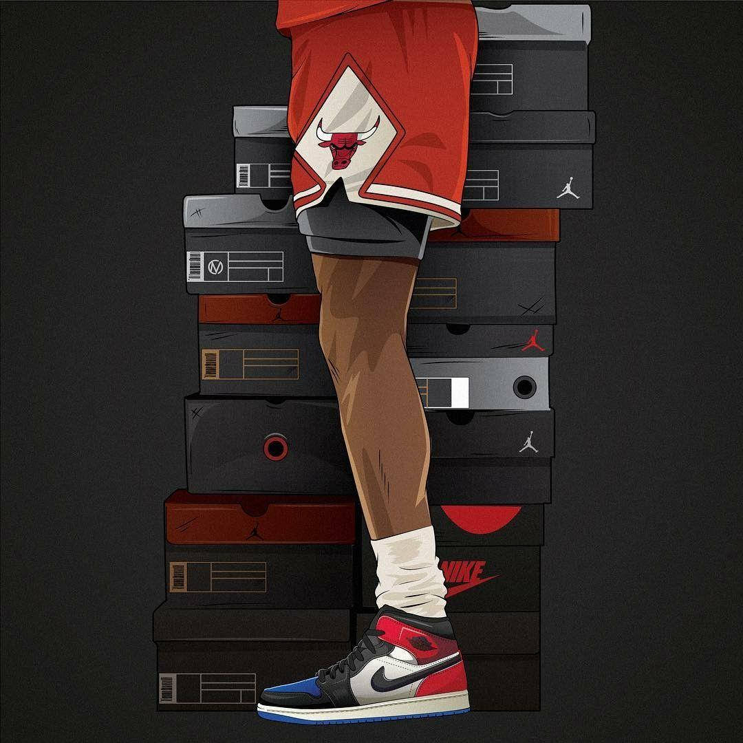 Chicagobulls Nike Jordan I Zapatilla De Dibujo Animado De Arte Digital. Fondo de pantalla
