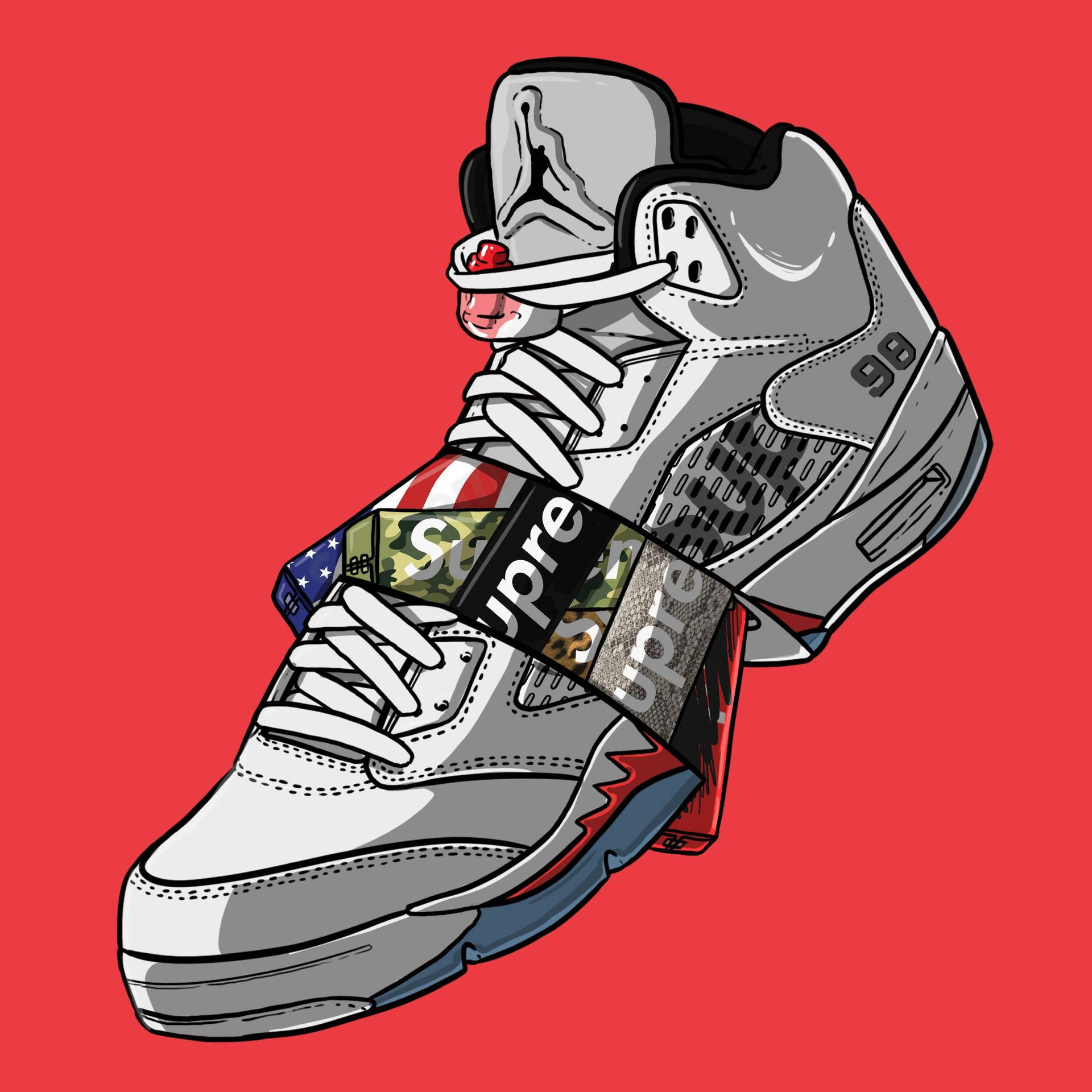 White Air Jordan V Retro Supreme Cartoon Sneaker Wallpaper