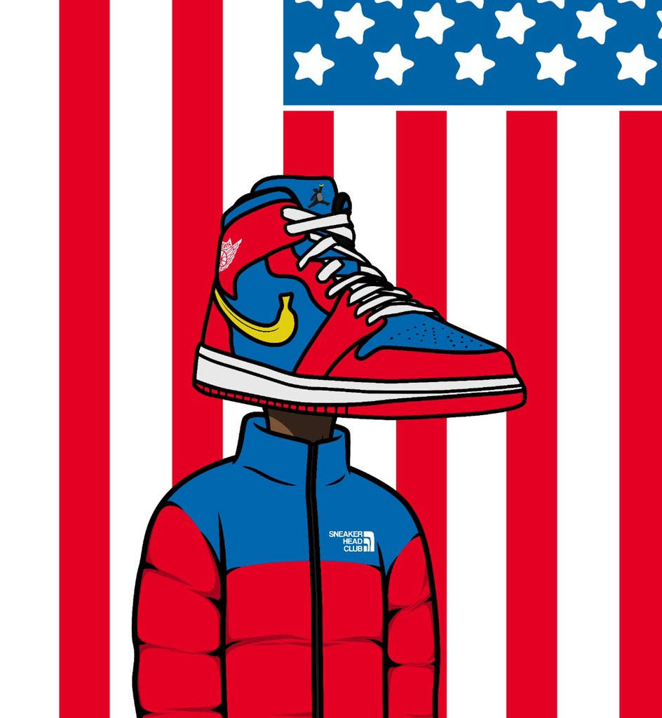 Caricaturade Un Fanático De Las Zapatillas Nike Jordan Con La Bandera Estadounidense. Fondo de pantalla