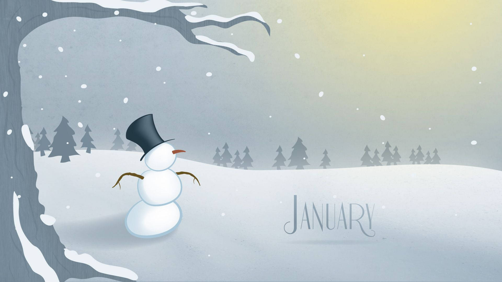 Cartoon Snowman January Winter Landscape Wallpaper