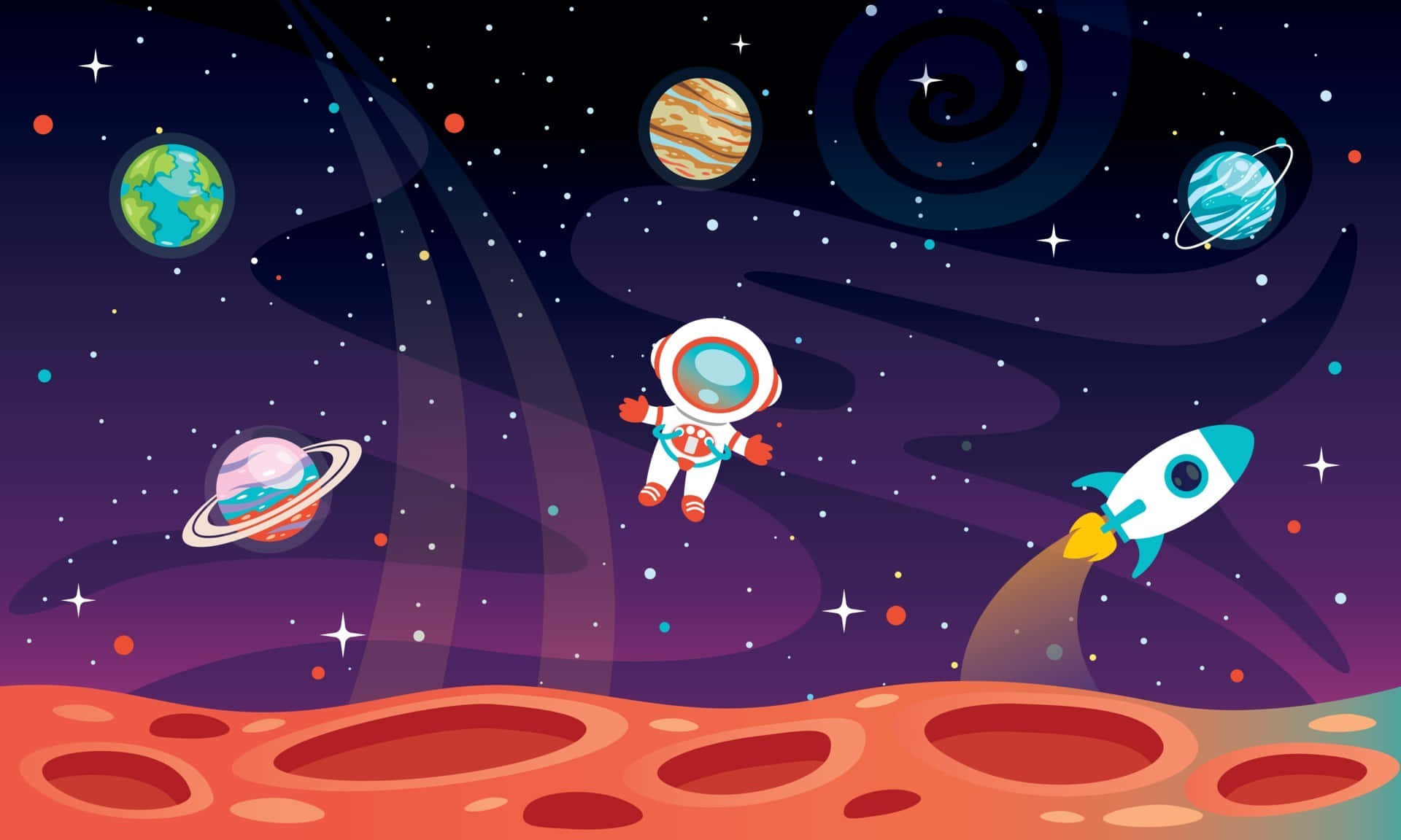 Cartoon Astronauts In Space With Planets And Stars