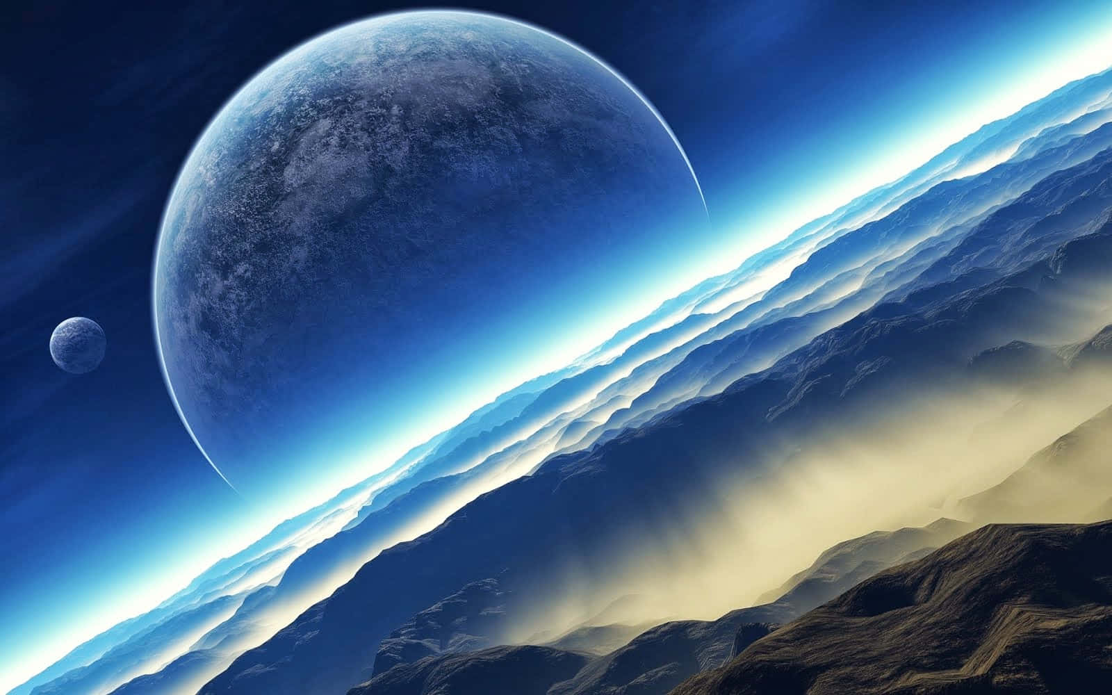 En blå planet med to måner i baggrunden Wallpaper