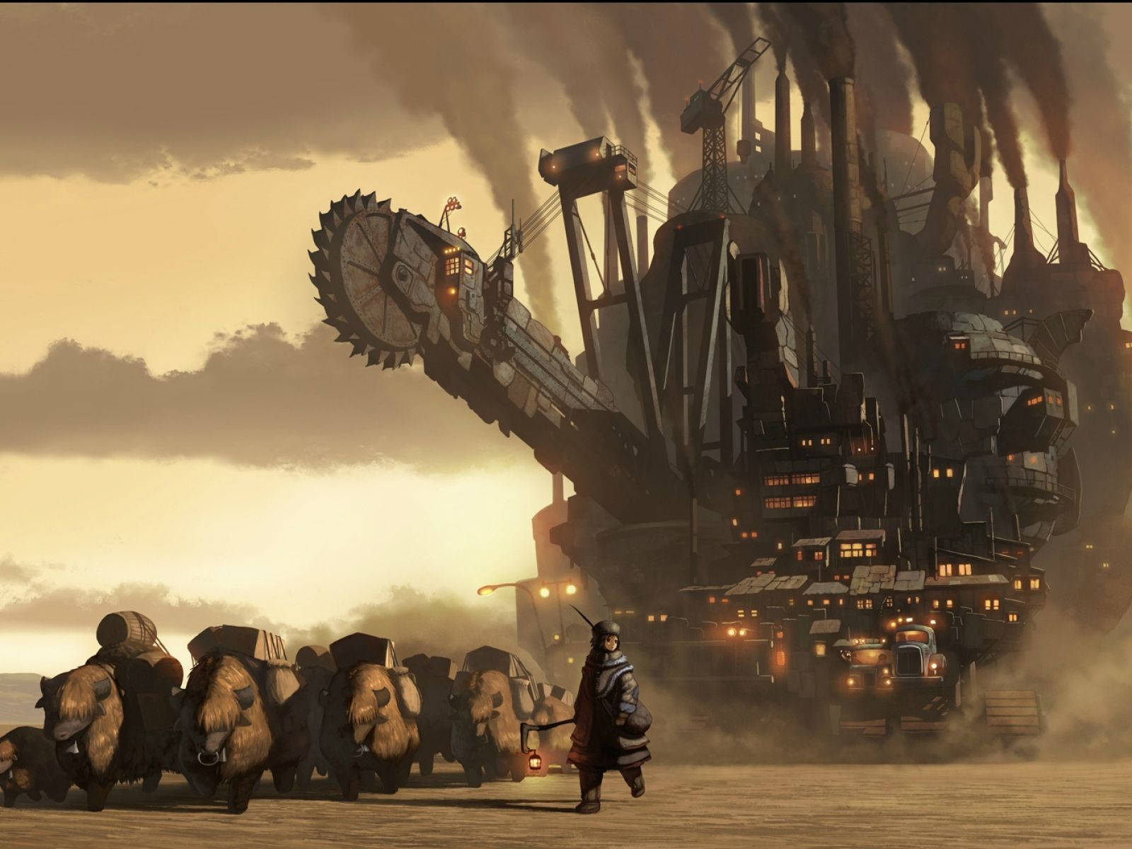 A steampunk-inspired illustration of an airship travelling over a desert Wallpaper