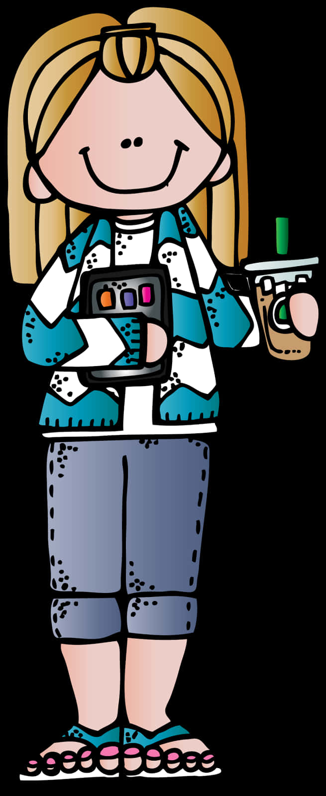 Cartoon Teacher With Coffee And Books PNG