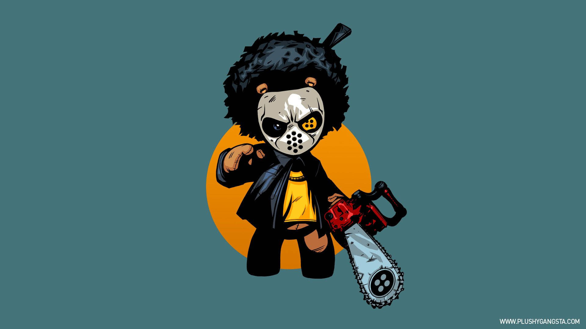 Cartoon teddy bear with chainsaw and mask wallpaper.