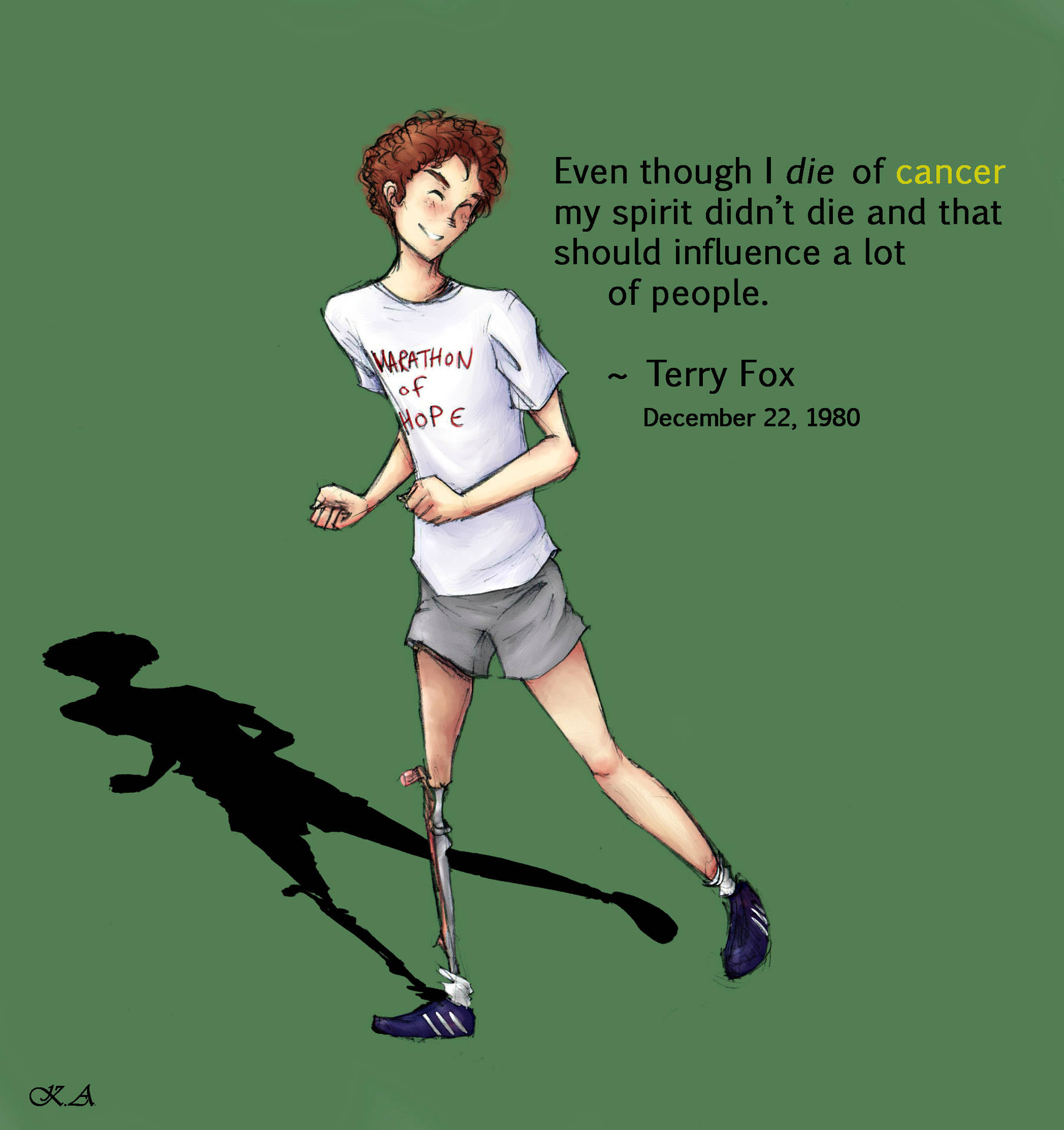 Tegning af Terry Fox med citat “Selv hvis jeg ikke kan færdiggøre det, så vil vi det.
