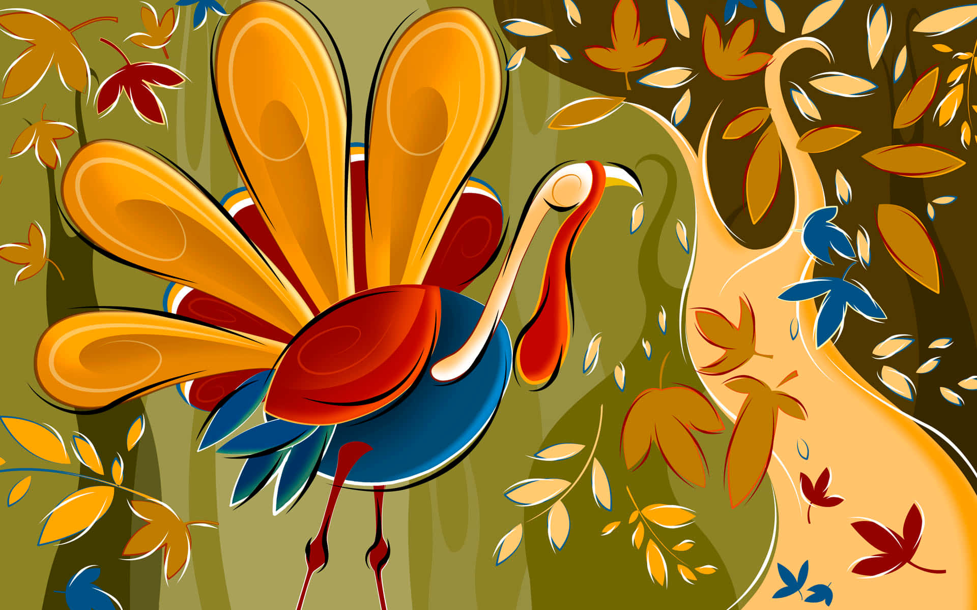 Cartoon Thanksgiving Turkey With Falling Leaves Wallpaper
