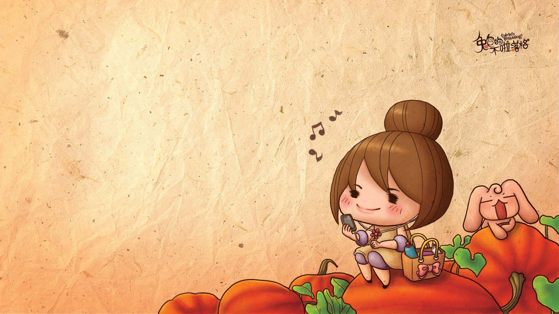 Cartoon Thanksgiving Girl Sitting On Pumpkins Wallpaper