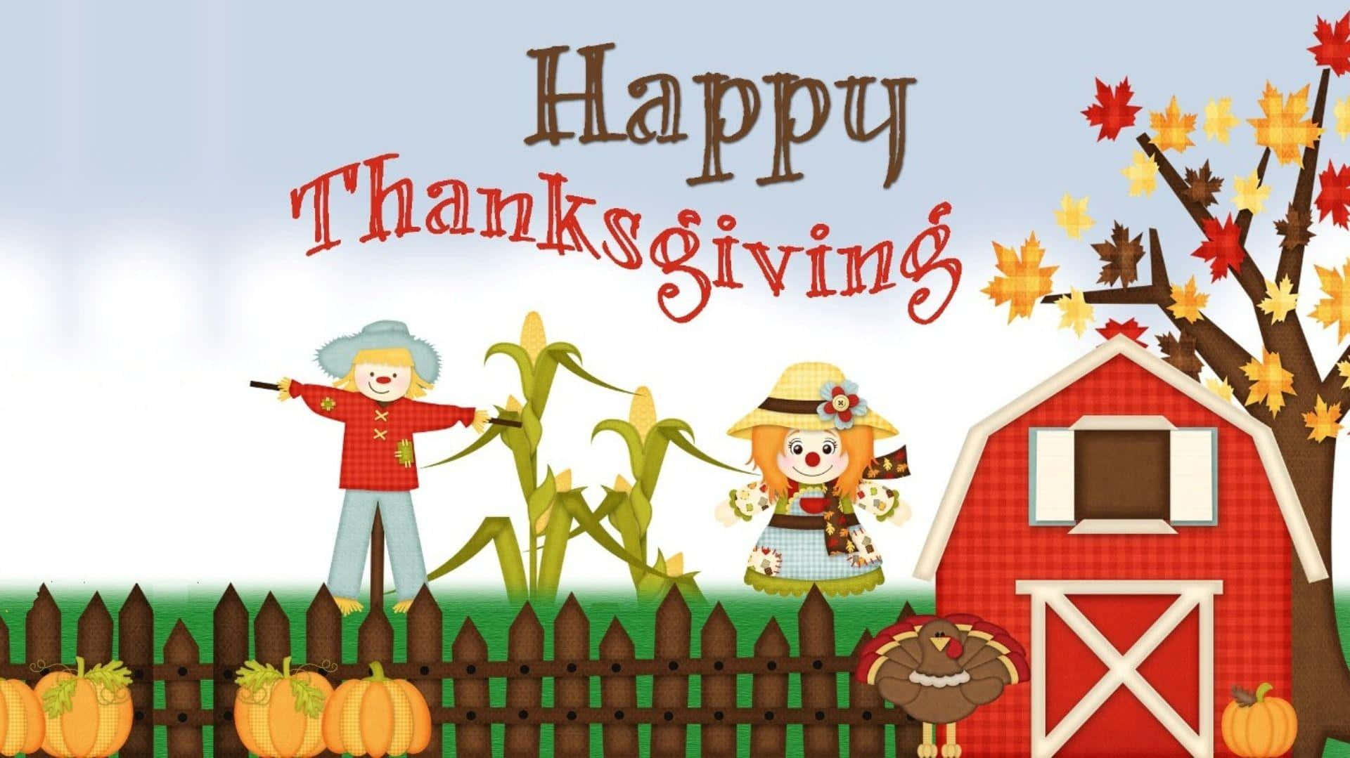 Cartoon Thanksgiving Greetings With Scarecrows Wallpaper