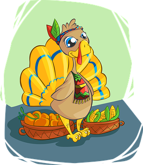 Cartoon Turkey With Harvest Basket PNG